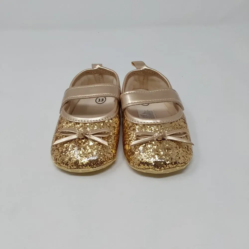 Baby Girls Gold Glitter Mary Jane Crib Shoes Bow Hook Loop Size 6 Baby